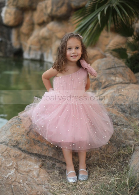 One Shoulder Blush Tulle Pearls Flower Girl Dress